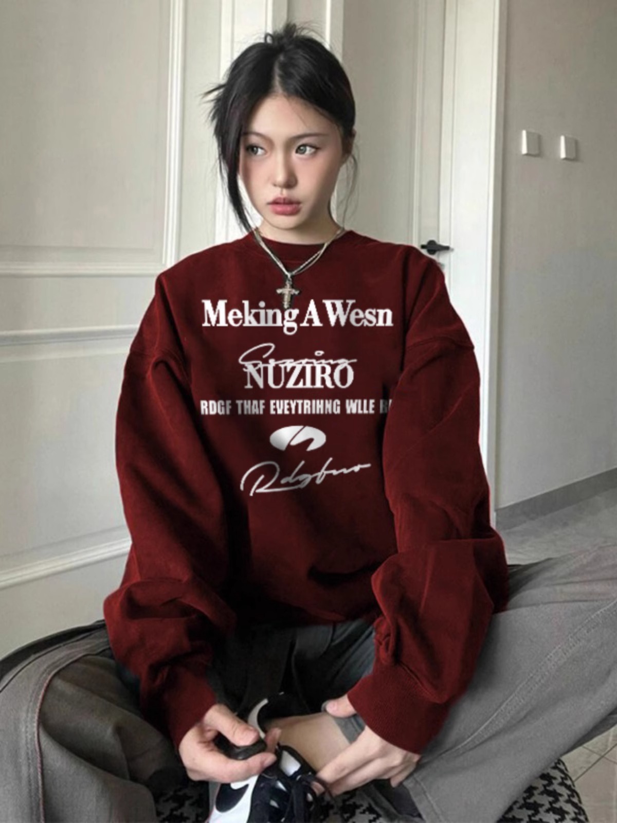Early Autumn Wine Red Sweatshirt Women's Spring and Autumn Fashion Brand American High Street Ankela Red New Arrival Women's Clothing Autumn and Winter Loose Tops