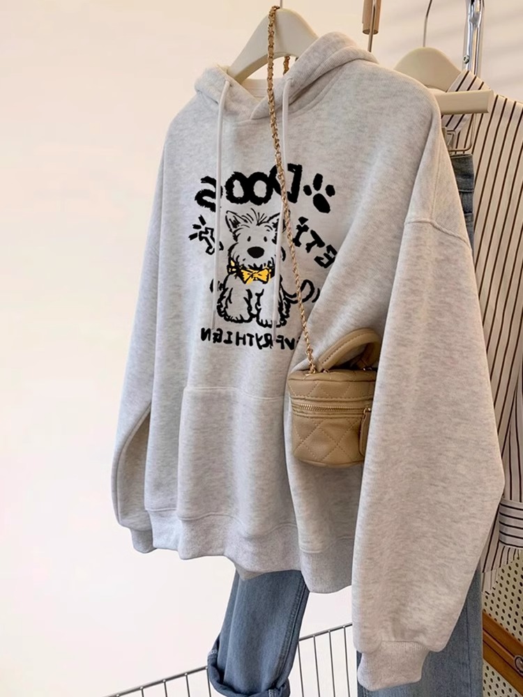 Gray Hooded Pullover Hooded Sweatshirt Female Spring & Fall Spring 2025 New Arrival Best Selling Loose Lazy Style Long Sleeve Tops