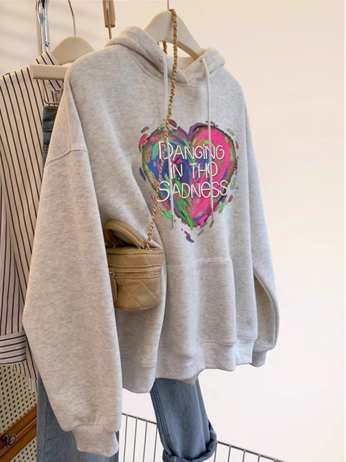 Love Print Hoodie Women Autumn and Winter 2024 New American Idle Style Design Sense Small Loose Top