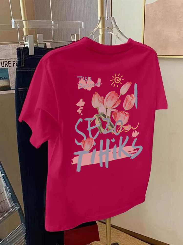 Rose Red T-Shirt Women's Short Sleeve 2025 Summer New Western Style Blouse Beautiful Chic Unique Sweet and Loose Tops