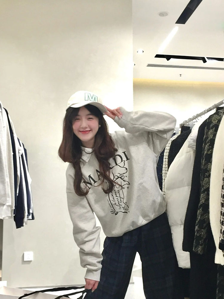 Korean Style Niche Style Sausage Dog Print round Neck Fleece-Lined Sweater Female Spring Loose Leisure All-Matching Pullover Fashion Brand Top