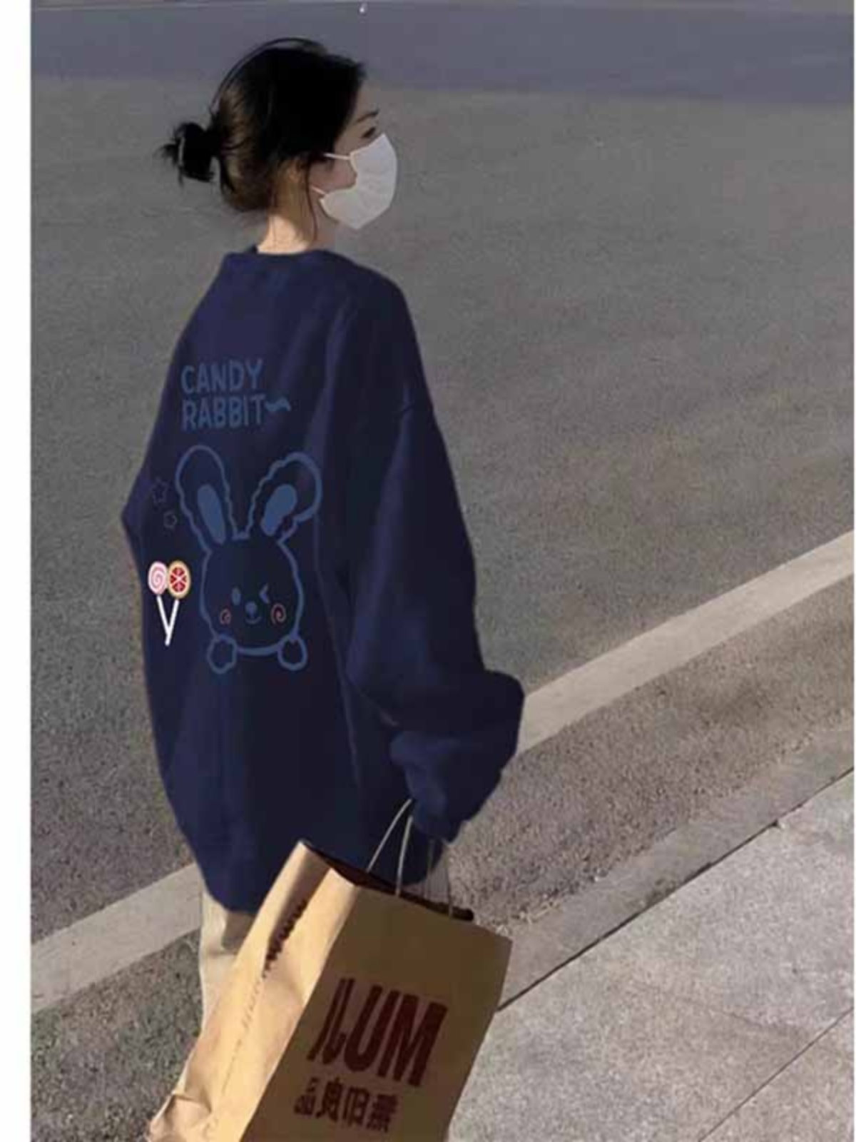 American Chic Lazy Loose Oversize Heavy round Neck Hoodless Spring and Autumn Thin Dark Blue Pullover Hoodie Women