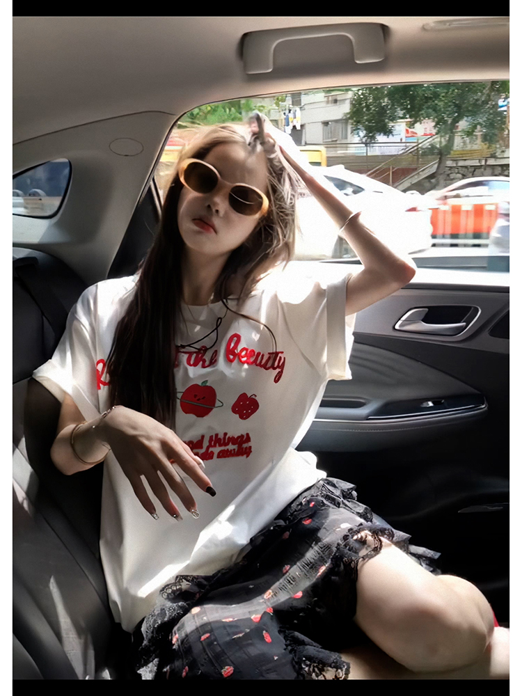 Korean Style Casual Creative Printing Niche Top Female 2025 Summer New Arrival Western Style Cotton White Short Sleeve T-Shirt Female