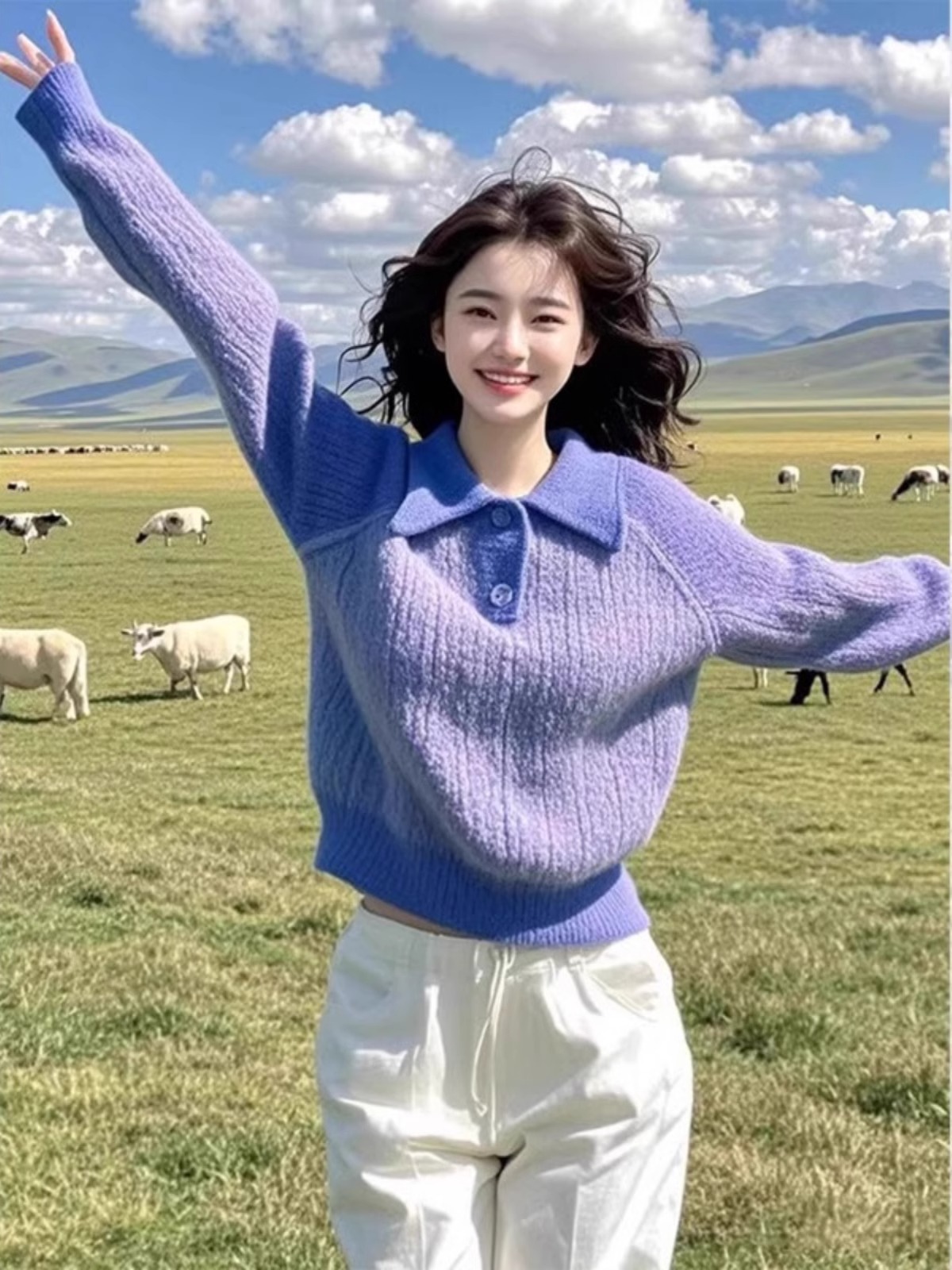 2025 New Polo Collar Purple Knit Sweater Women Early Spring Fashion Loose Western Style Age-Reducing Bottoming Shirt
