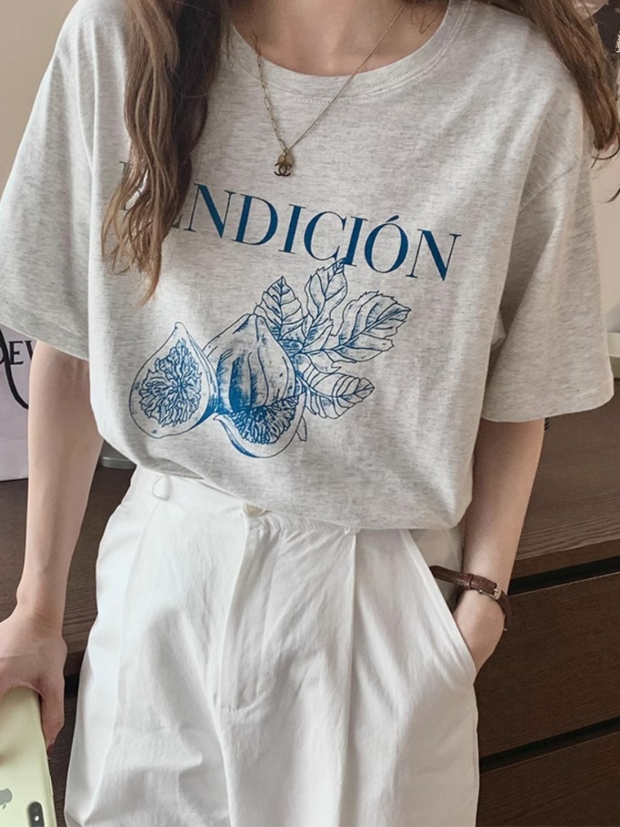 2025 New Pure Cotton Short Sleeve T-Shirt Female Ins Fig Fashion Print K-style Loose Slim Looking Tops Ins Tide