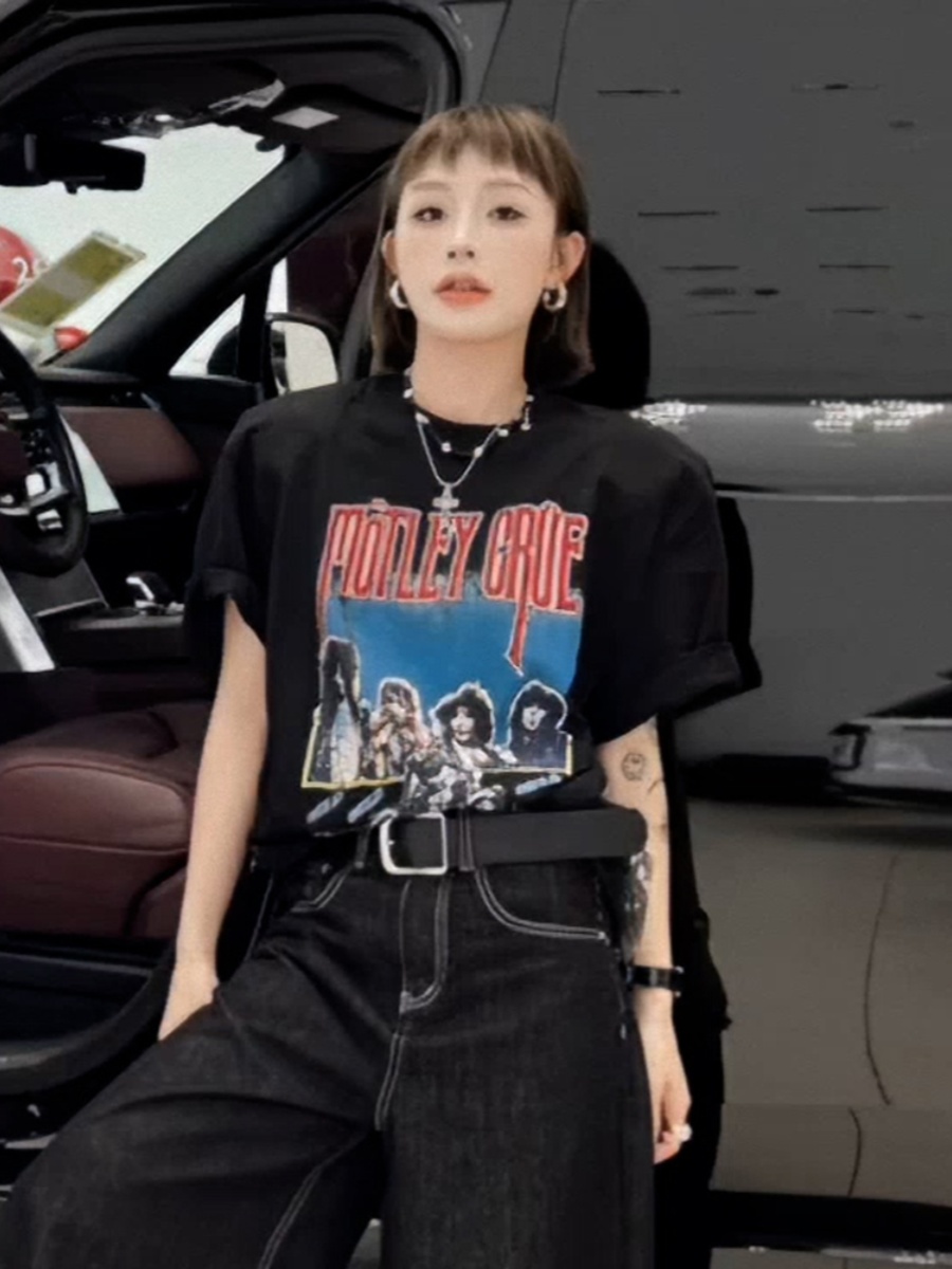 American Retro Character Letter Print Short-Sleeve Female T-Shirt Summer Fancy Fashion All-Matching Youthful-Looking Loose Tops Female