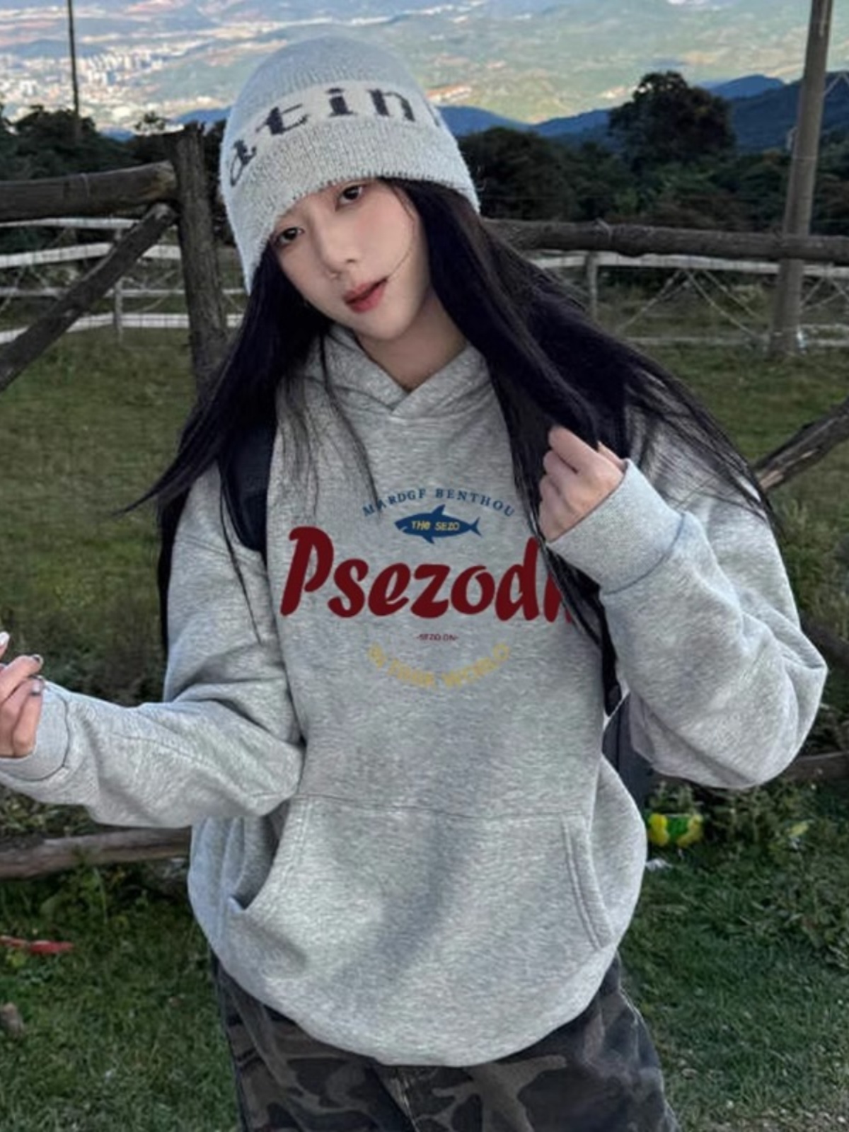 Gray Hooded Fleece Lined Sweater Women's Spring and Autumn 2025 New Arrival Oversize American Hoodie Padded Pullover