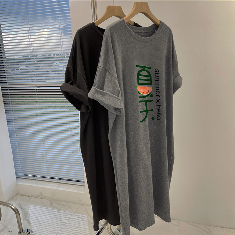 Summer Long Pure Cotton T-shirt Female 2025 New Arrival Plus Size 100.00kg Plus Size Ladies Hong Kong Style Chic Gray Dress Female Fashion
