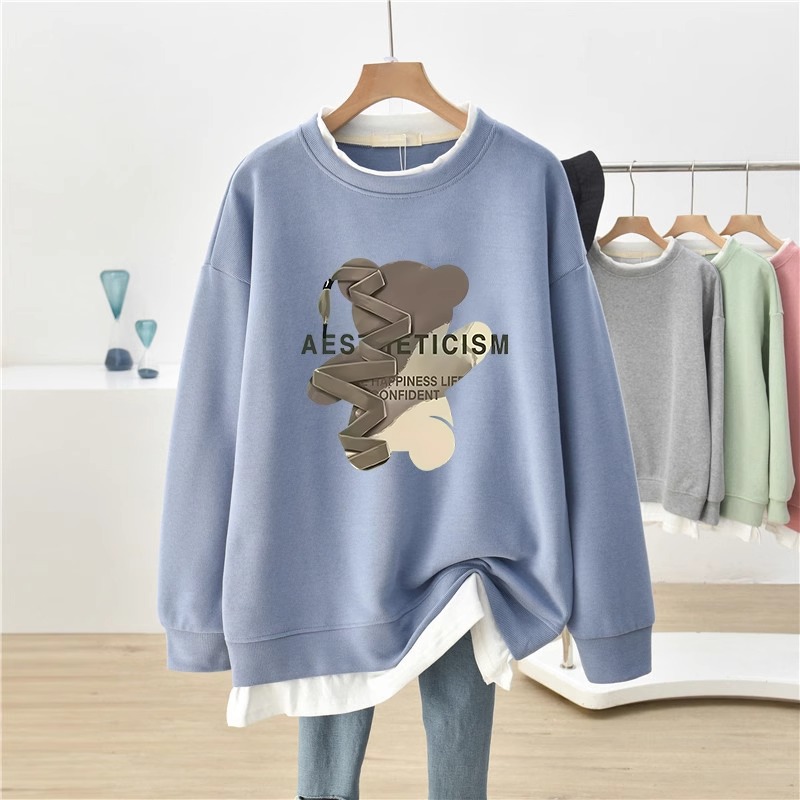 Fake Two-Piece Idle Style Chic Plus Size Bear Hoodie Female 2025 New Arrival Best Selling Fall and Winter Fleece-lined Baggy Coat Tide