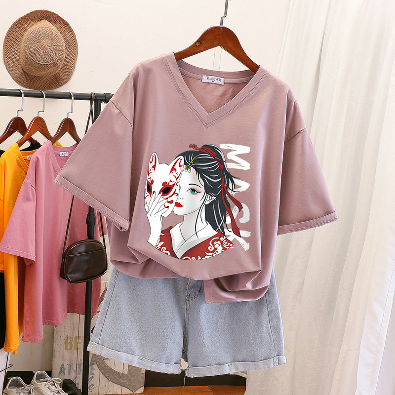 Chinese Fad V-neck Niche T-shirt 200 Plus Size Ladies Short Sleeve