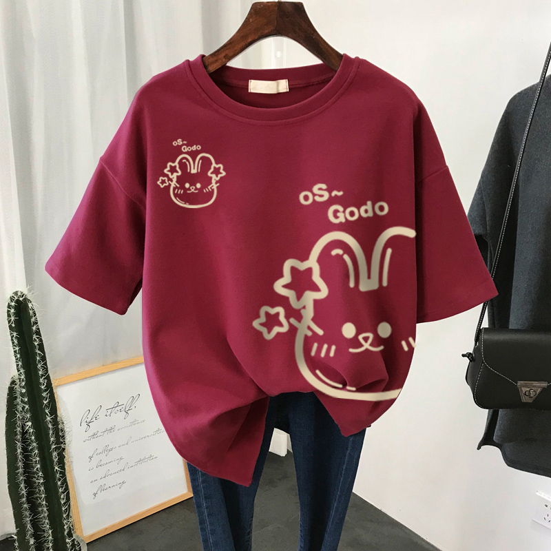 150.00kg Plus Size Ladies Short Sleeve Brushed T-Shirt Women's Plus Size Loose Spring & Fall New Arrival 100% Cotton Coat Rabbit Year Animal Year Clothes