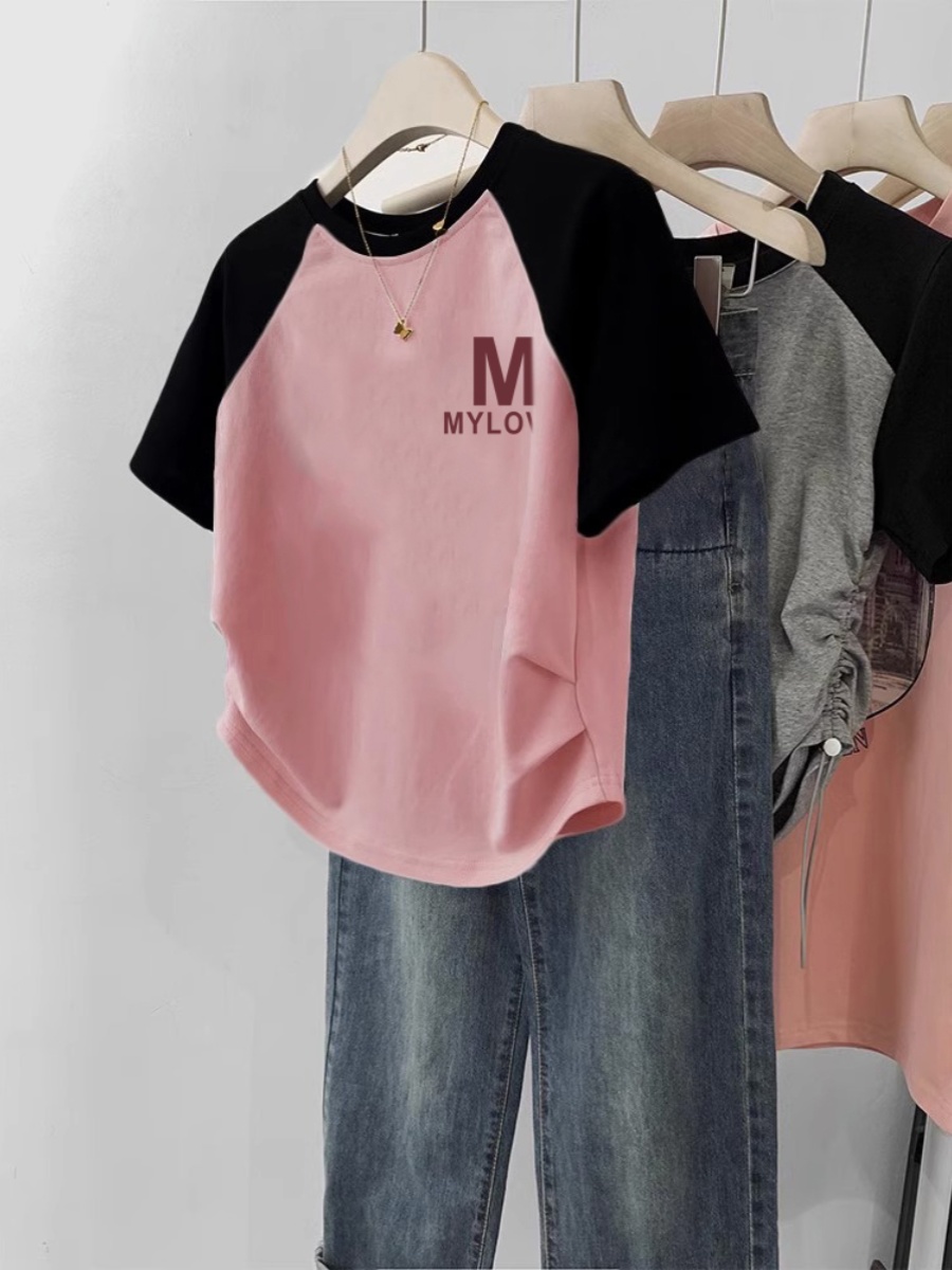 Contrast Color Raglan T-shirt Women's Short Sleeve 2025 New Arrival Summer Plus Size Slim-Fit Crop-Top Slimming Sense of Design Niche Style