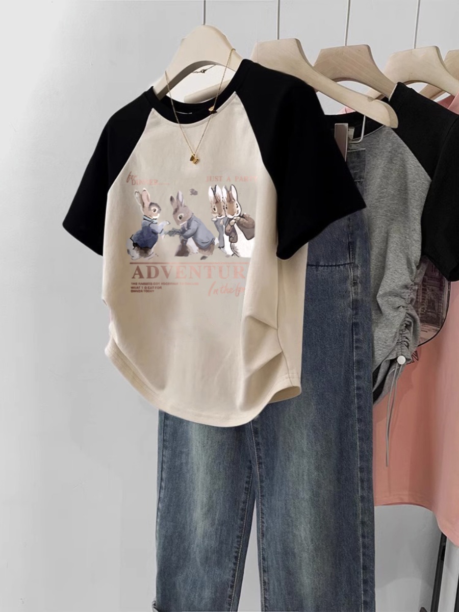 Contrast Color Raglan T-shirt Women's Short Sleeve 2025 New Arrival Summer Plus Size Slim-Fit Crop-Top Slimming Sense of Design Niche Style