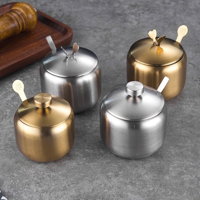 Korean Style 304 Stainless Steel Seasoning Box Kitchen Chili Sauce Oil Tank Salt Jar Creative Golden Jar with Spoon Seasoning Box