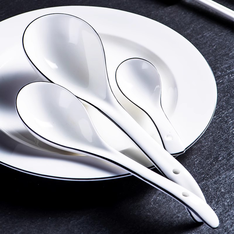 Pure White Big Spoon Drinking Soup Long Handle Eating Deepening Ceramic