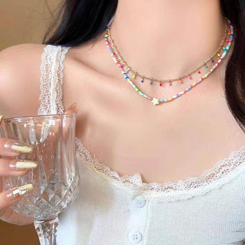 Vacation Style ~ Rainbow XINGX Necklace Female Summer Fancy Sweet Clavicle Chain with Skirt Shaped Accessory Double Layer Bead