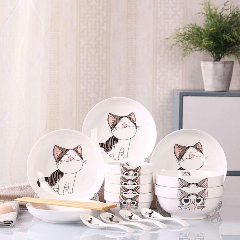 For Home Tableware Bowl and Plates Suit Ceramic Ceramic Bowls, Plates, and Chopsticks Combination Underglaze Color High Temperature Resistant Instant Noodles with Lid Practical
