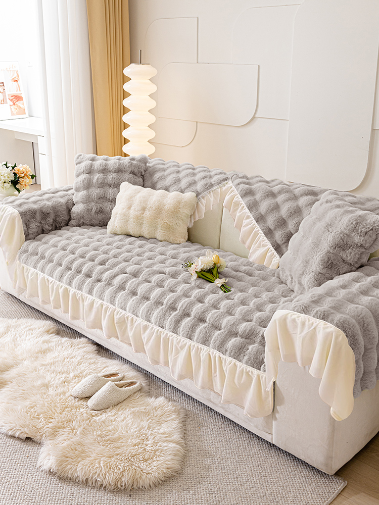 2025 New Arrival Bunny Cashmere Internet Celebrity Sofa Cushion Winter Thickened Fleece Cushion Non-Slip Leather Sofa Cover Cover Cloth