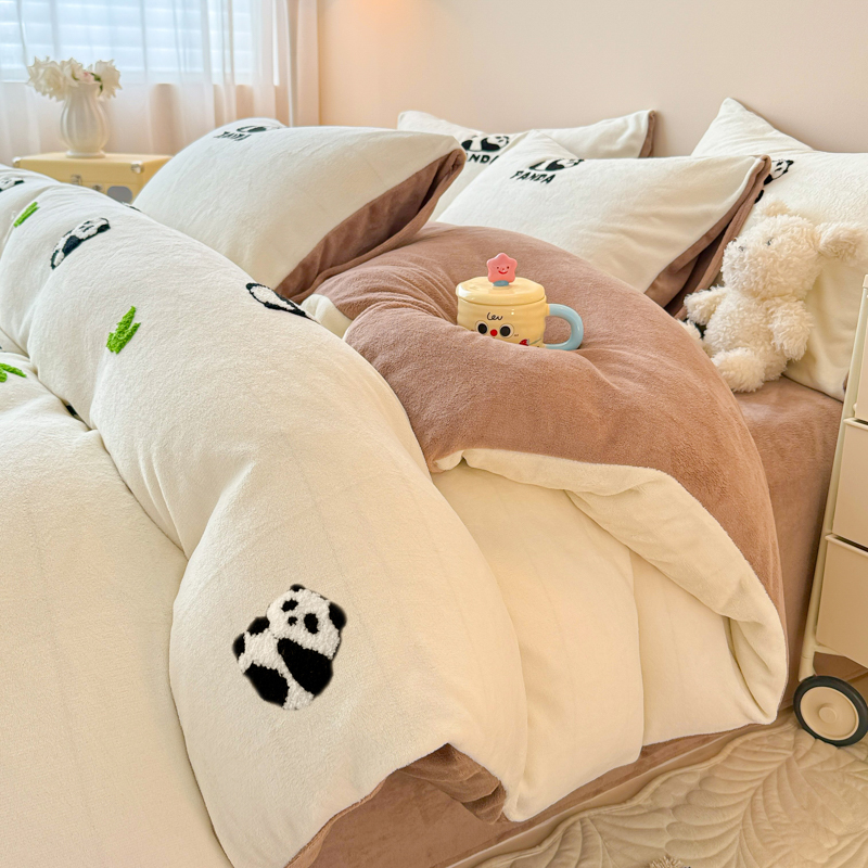 Towel Embroidery Milk Fiber Bedding Three Or Four Piece Suit 2025 New Arrival Winter Coral Velvet Bed Sheet Quilt Cover