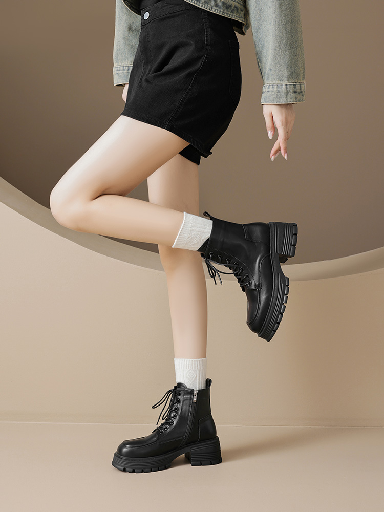 Black Martin Boots Female Spring and Autumn Boots 2024 New Arrival Thick Sole Increased by British Style Short Boots Best Selling Low-Top Shoes