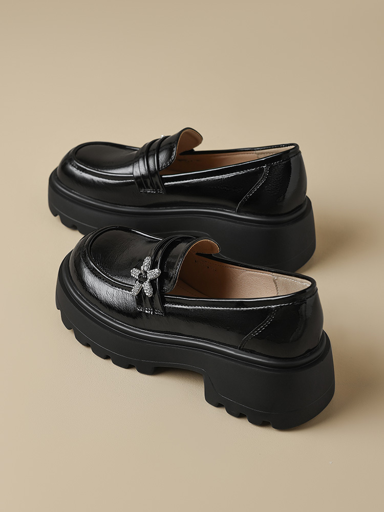 Augusto Loafers Women's 2020 Spring New Arrival Thick Sole Height Increasing Slip-on British Style Black Leather Shoes