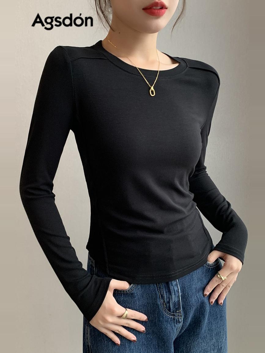 Augusto Shoulder Fishbone Inner Wear Blouse Women's Spring & Fall New round Neck Base Shirt Elegant Pure Desire Long Sleeves T-Shirt