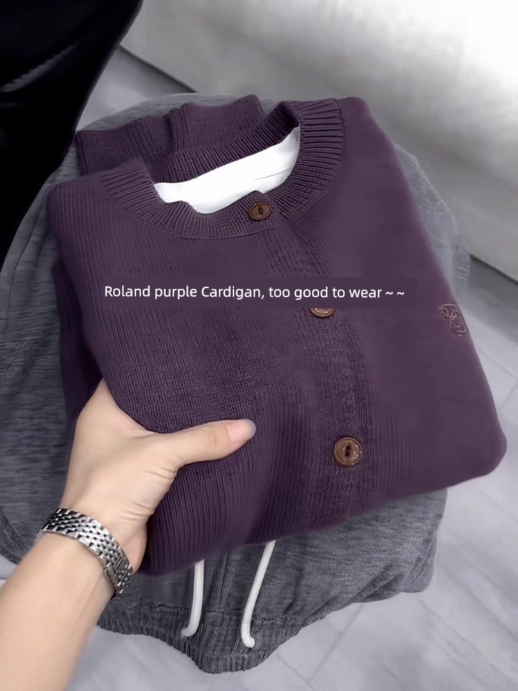 Fashionable Western Style Youthful-Looking Purple Knitting Sweater Cardigan Coat Women Fall 2025 New Arrival Fancy Minimalist Tops