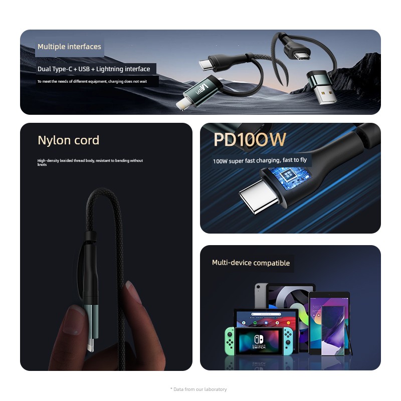 Suitable for Four-in-One Data Cable 3-in-1 Charging Wire 100W Fast Charging Three-in-One Suit Pd27w for iPhone Huawei Xiaomi Mobile Phone Tablet iPad Laptop USB Computer Two-in-One