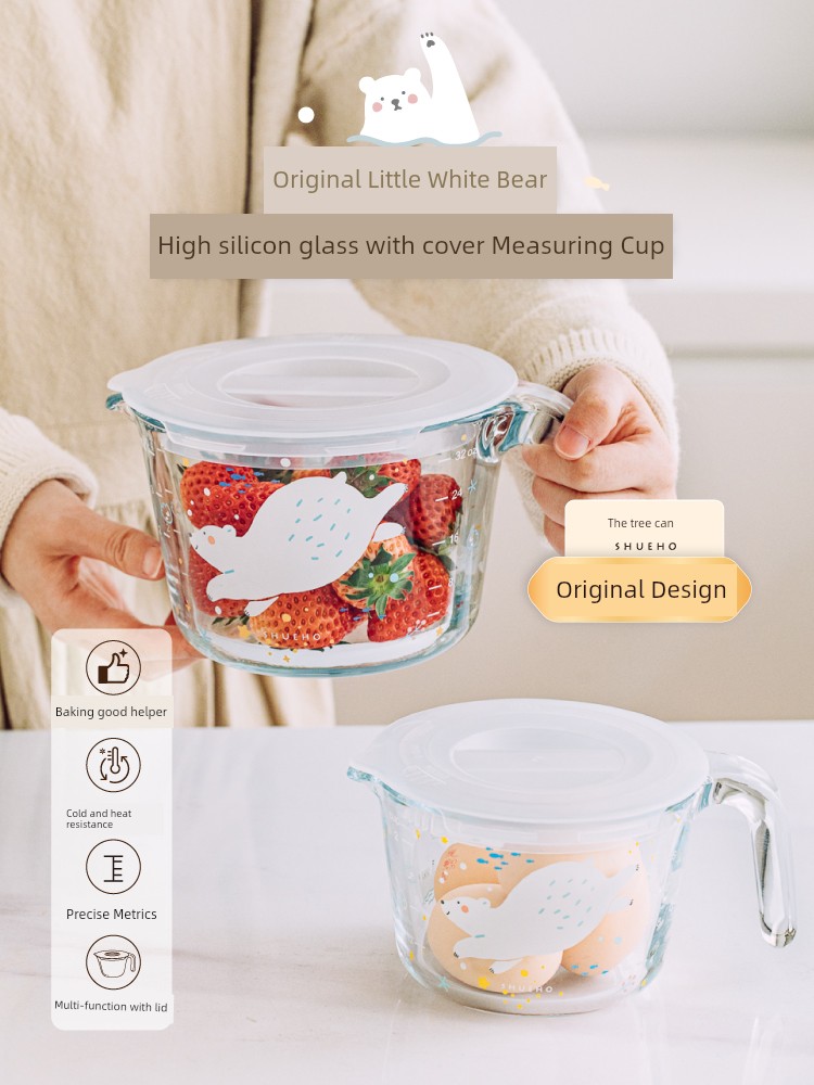 Small White Bear with Lid Glass Measuring Cup For Home Kitchen with Scale High Temperature Resistant Large Capacity Baking Dedicated Cup