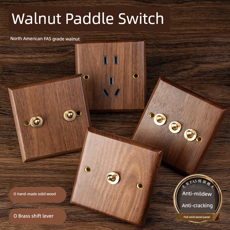 86 Type Solid Wood Switch Socket Panel American Black Walnut Retro Brass Work Driving Arm Antique Power Supply Porous B & B