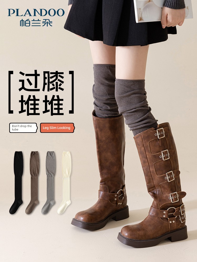over the Knee Bunching Socks Women's Spring and Autumn Pure Cotton Skinny Legs Stockings Retro Non-Slip JK with Boots Knee High Hold-Ups