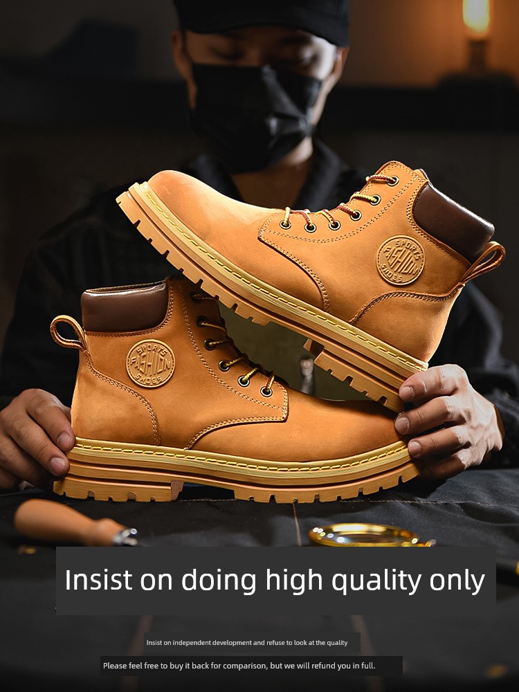 Retro Genuine Leather Worker Boots Boots Men's and Women's 2024 New Arrival Mid-Top Kicking Bumblebee Thick Sole Height Increasing Boots