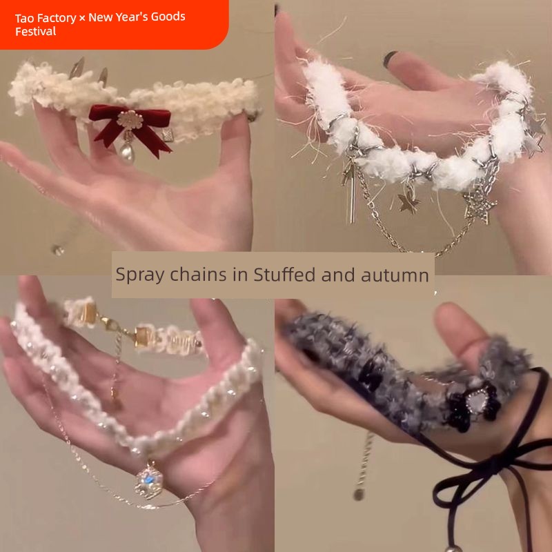 Pearl Bows Stuffed Necklace Fall and Winter Atmosphere Choker Necklace Niche Style Fancy Clavicle Chain Sweater Chain