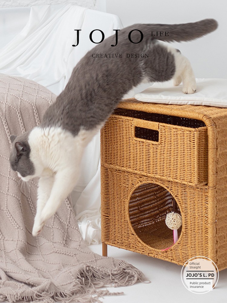 Jojo's L. Pd. Hand-Woven Pet Cat House Semi-Closed House Rattan Cat Nest | Wall Bamboo