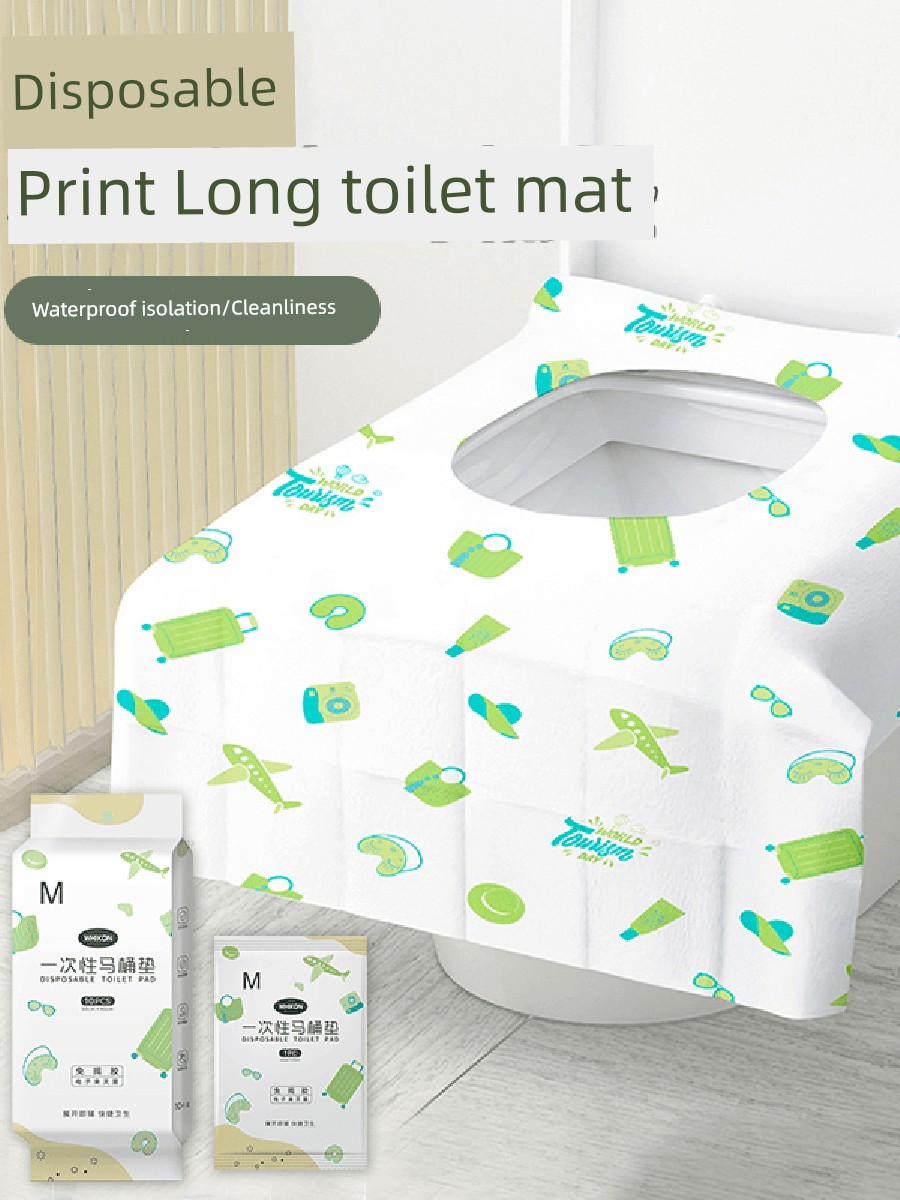 Disposable Print Long Toilet Mat Portable Travel Toilet Seat without Glue Lengthen and Thicken Dirt-Proof Toilet Mat