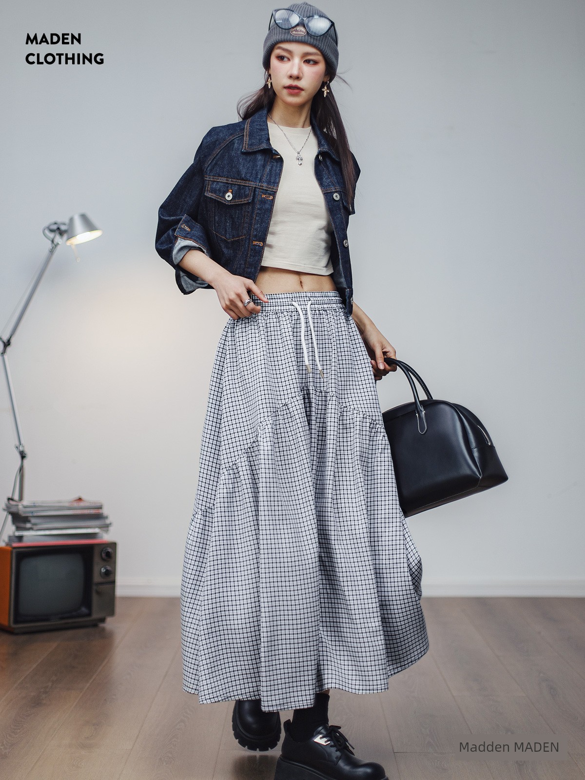 Madden Retro Black and White Plaid Skirt Elegant A- line Skirt Long Asymmetrical Design High Waist Long Skirt Tartan Skirt Women