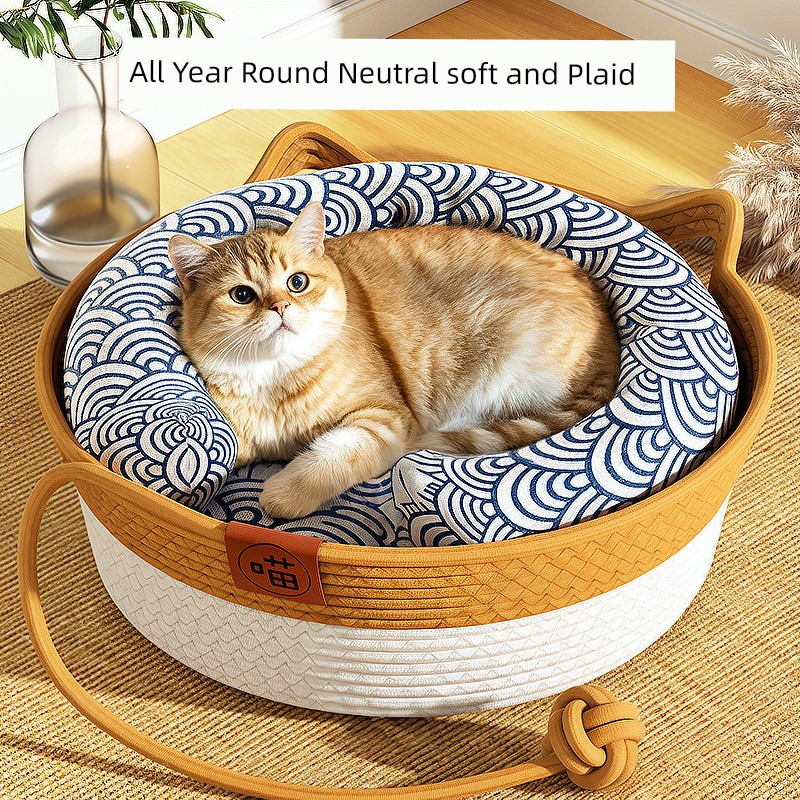 Cat Nest Winter Heattech Security Cat Bed Winter Removable and Washable Kennel Cat Mat All Year Round Neutral Coarse Linen Rattan Nest