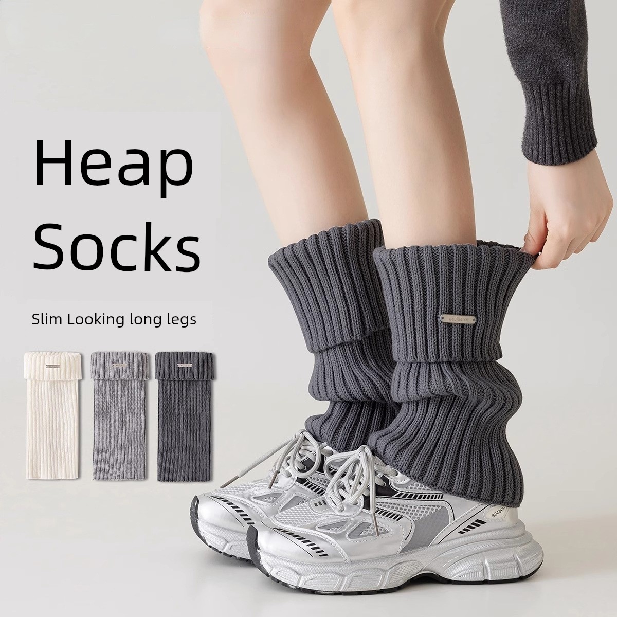 Metal Logo Gray Foot Sock Pile Socks - Autumn/Winter Versatile Knit for Shark Pants, Bell Bottoms, Snow Boots - Japanese Fashion
