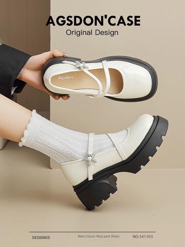 White Mary Jane Women's Shoes 2024 New Arrival French Style Leather Shoes High Heel Low-Cut Flats Rhinestone Retro Style Loafers