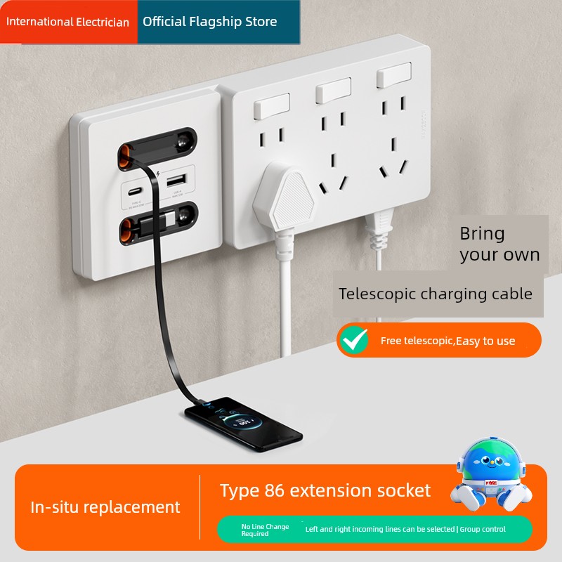 86 Type For Home Extension Socket with Switch Retractable USB Type-C Cable 20W Fast Charge USB Power Strip Converter
