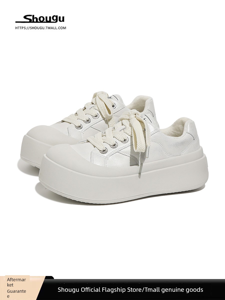 Shougu Soft Cowhide and Velvet White Shoes Women's 2024 New Arrival Best Selling Raise the Bottom Big Head Bread Shoes Easiest for Match Board Shoes