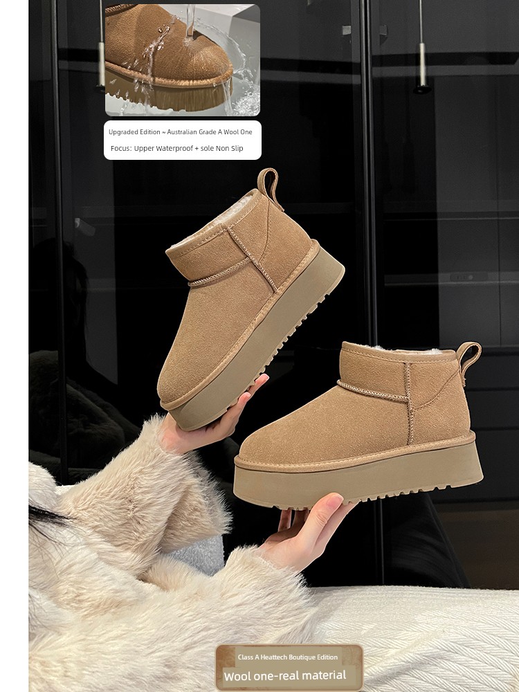 Waterproof Non Slip ~ Uncle's Double Face Wool Leather Cowhide Snow Boots for Women 2024 Fall and Winter New Arrival Thickening Thermal Cotton Shoes