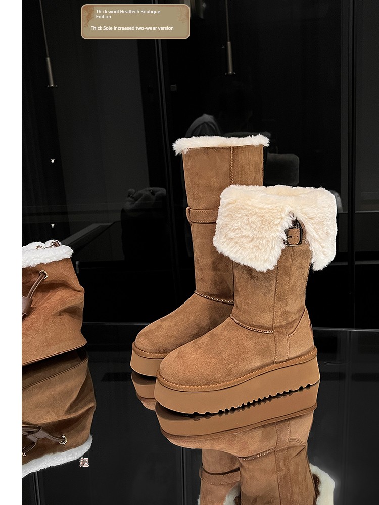 Uncle's Thick Bottom Fleece-Lined Platform plus Wool Two-Way Wear Mid-High Tube Long Snow Boots Women's Winter New Arrival Increased by Cotton Boots