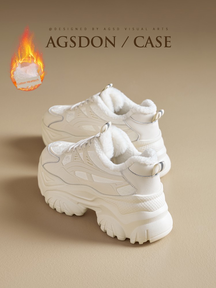 Fleece-Lined Clunky Sneaker Women's 2024 New Arrival Fall and Winter Platform Snow Boots Insulated Cotton-Padded Shoes Lamb White Sports Shoes
