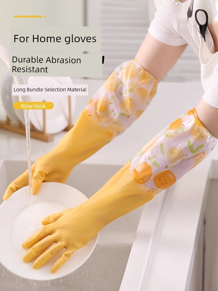 Dishwashing Gloves Fleece-lined Fall and Winter Household Cleaning Oversleeve Kitchen Durable Waterproof Rubber Laundry and Cooking Gloves