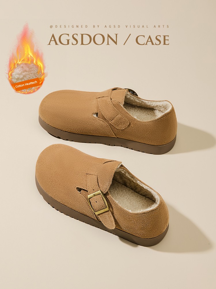 Fleece-lined Birkenstock Women's 2024 New Arrival Autumn and Winter Slip-on Flats Thickening Thermal Cotton Shoes Boken Leather Shoes