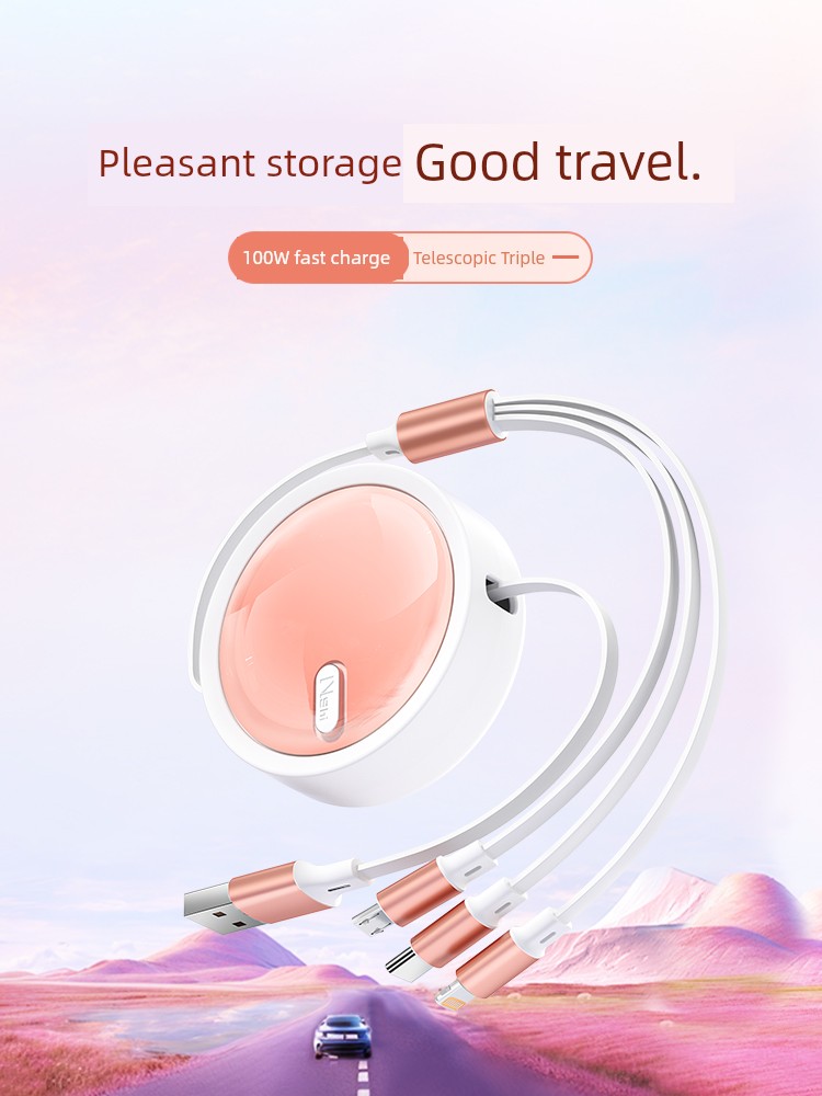 Applicable Data Cable Three-in-One Charge Cable One Drag Three Fast Charge Three Head Suitable for Apple Huawei Android Typec Mobile Phone Mate60pro Car iPhone Telescopic 100W Versatile Universal 6A