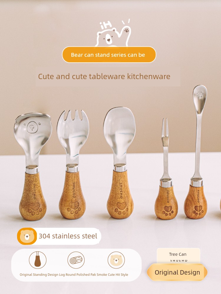 Tree Can Be Kids Fork For Home Knife, Fork and Spoon Tableware Western Food Stainless Steel Fork Can Stand Exquisite Wooden Handle Tableware Spoon