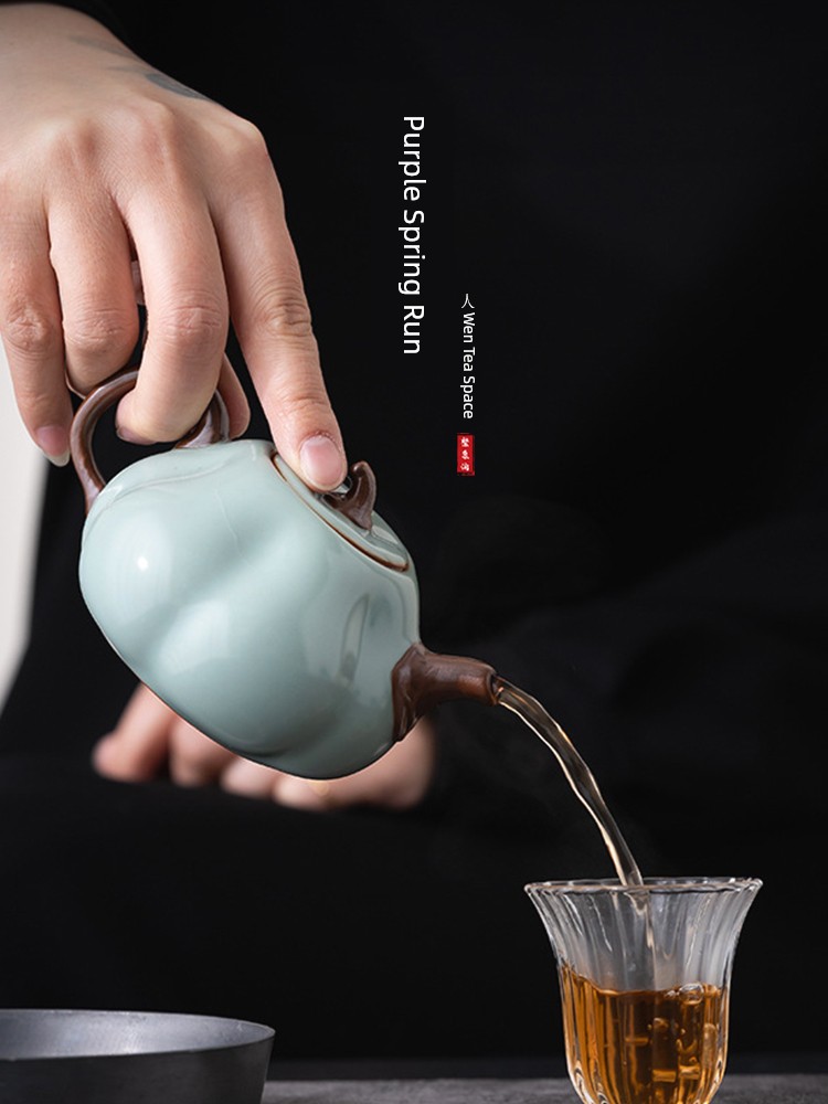 Jojo's L. Pd. Ziquan Stream. Handmade Single Teapot Large Kung Fu Tea Set Ru-Porcelain Supportable Teapot | Circle Roll