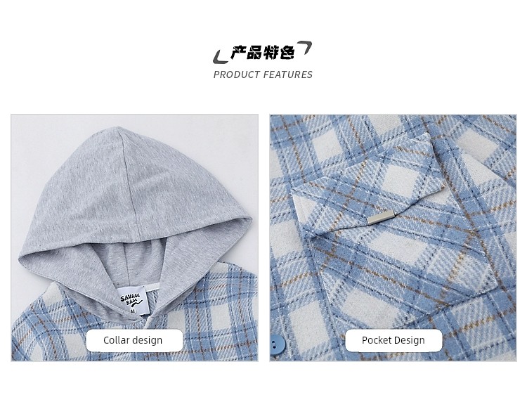 American Retro Plaid Woolen Hooded Long Sleeves Shirt